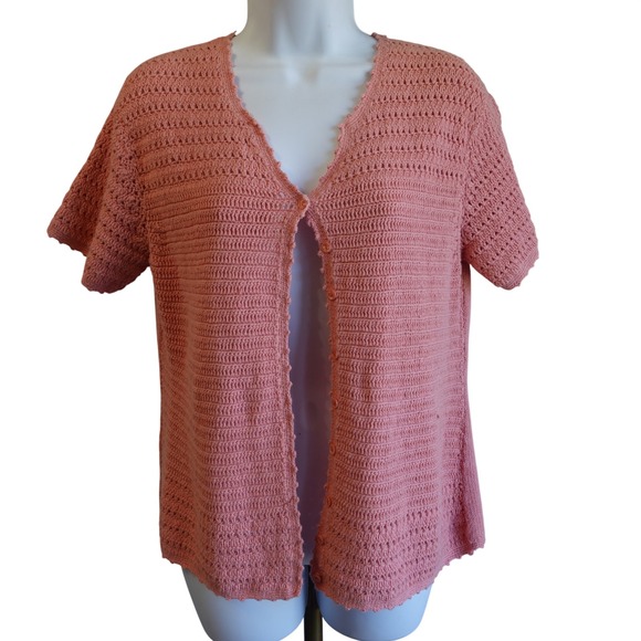 Emma James Sweaters - Vintage Crochet Knit Cardigan Coral Peach Medium Granny Cottage Ramie Pastel Top